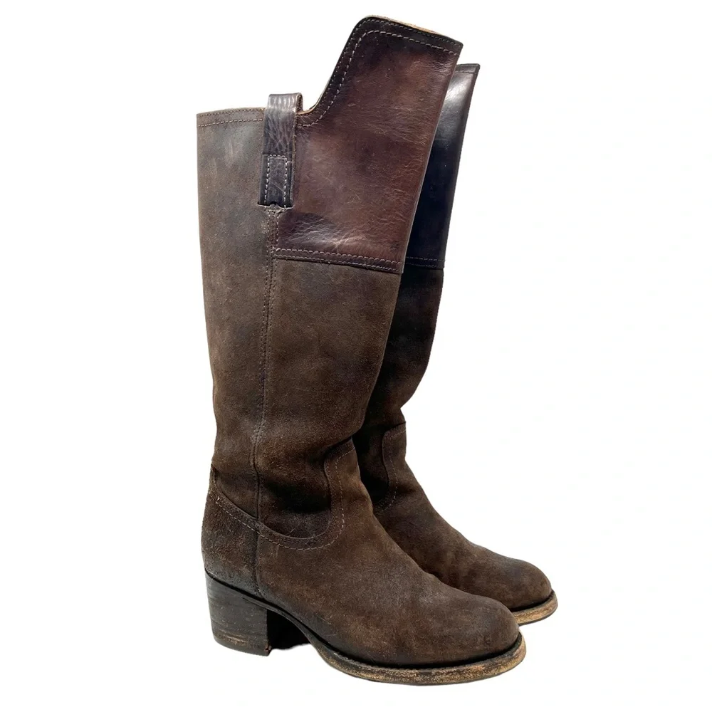 Frye Boots Size 7 B Womens Knee High Heel Brown Leather Riding Suede‎